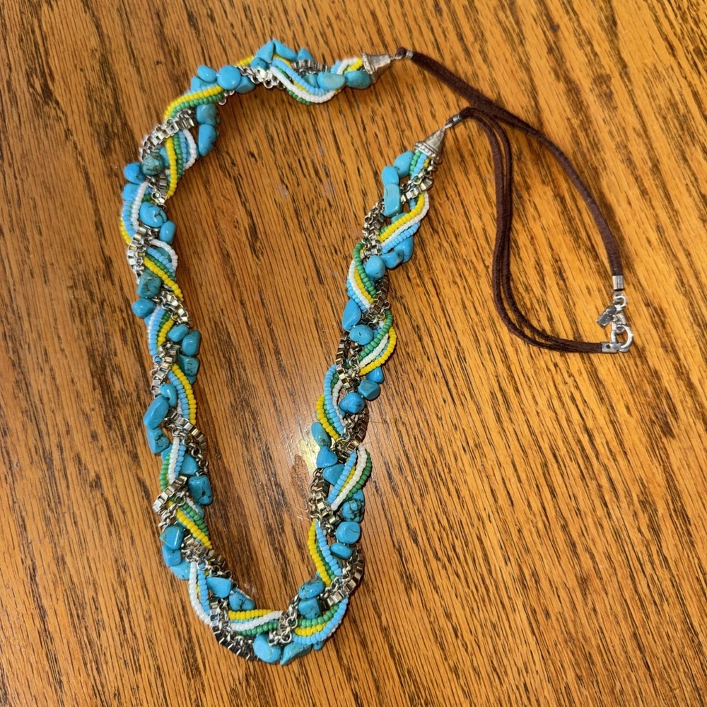 J. Jill Turquoise Beaded Braided Necklace Silver Tone Multi Strand Boho Western
